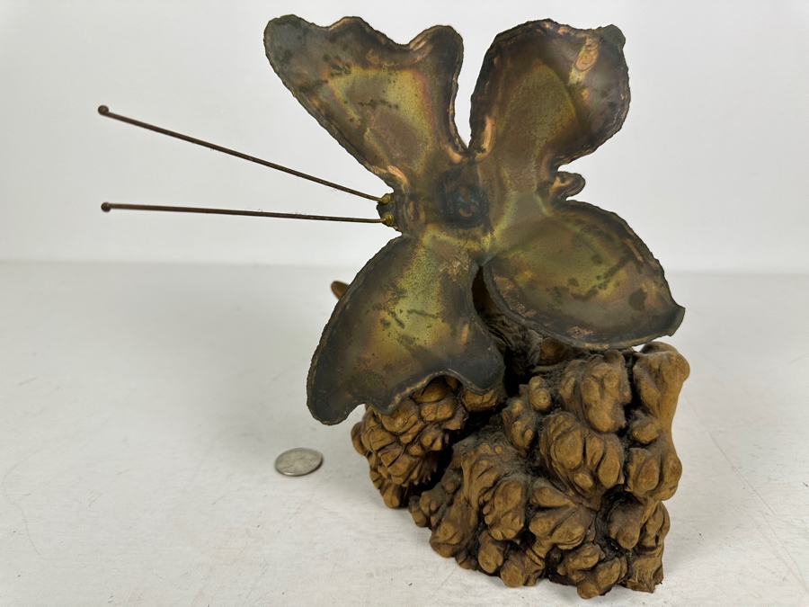 Vintage Signed Butterfly Sculpture On Burlwood Base Signed Stasi 1978 8.5'W X 8.25'H [Photo 3]