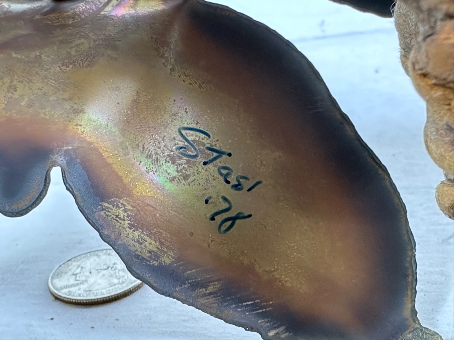 Vintage Signed Butterfly Sculpture On Burlwood Base Signed Stasi 1978 8.5'W X 8.25'H [Photo 6]