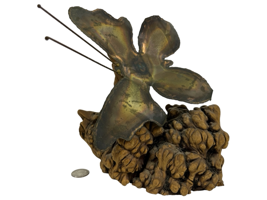 Vintage Signed Butterfly Sculpture On Burlwood Base Signed Stasi 1978 8.5'W X 8.25'H [Photo 1]