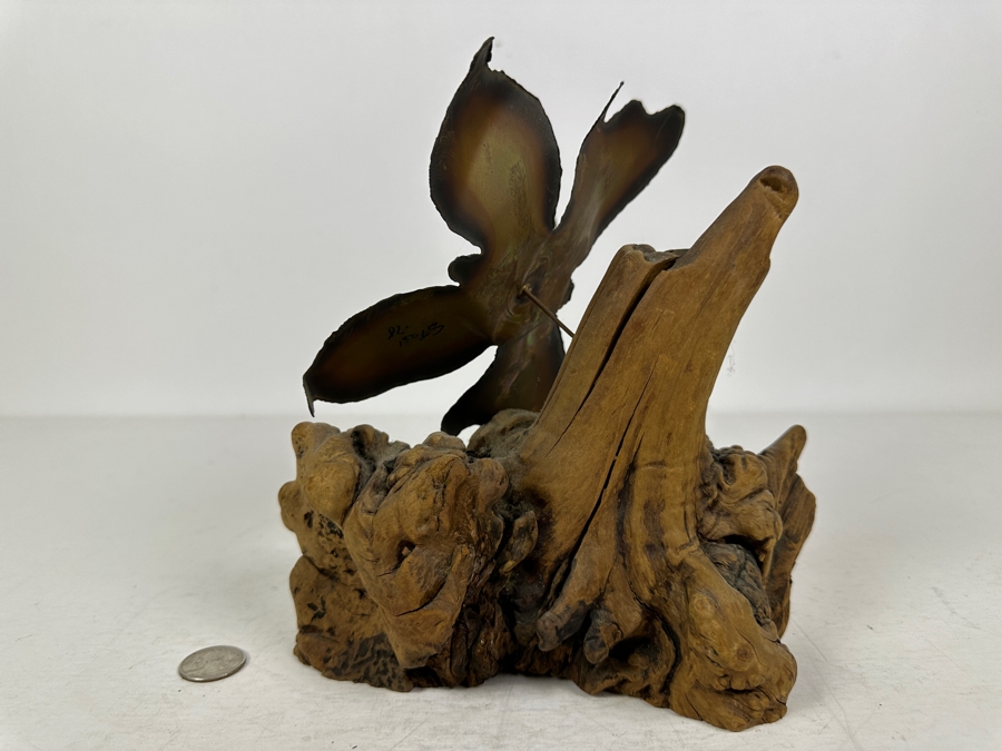 Vintage Signed Butterfly Sculpture On Burlwood Base Signed Stasi 1978 8.5'W X 8.25'H [Photo 5]