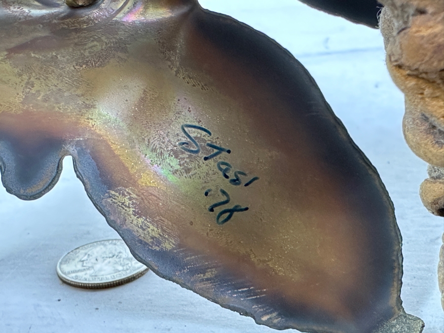 Vintage Signed Butterfly Sculpture On Burlwood Base Signed Stasi 1978 8.5'W X 8.25'H [Photo 7]
