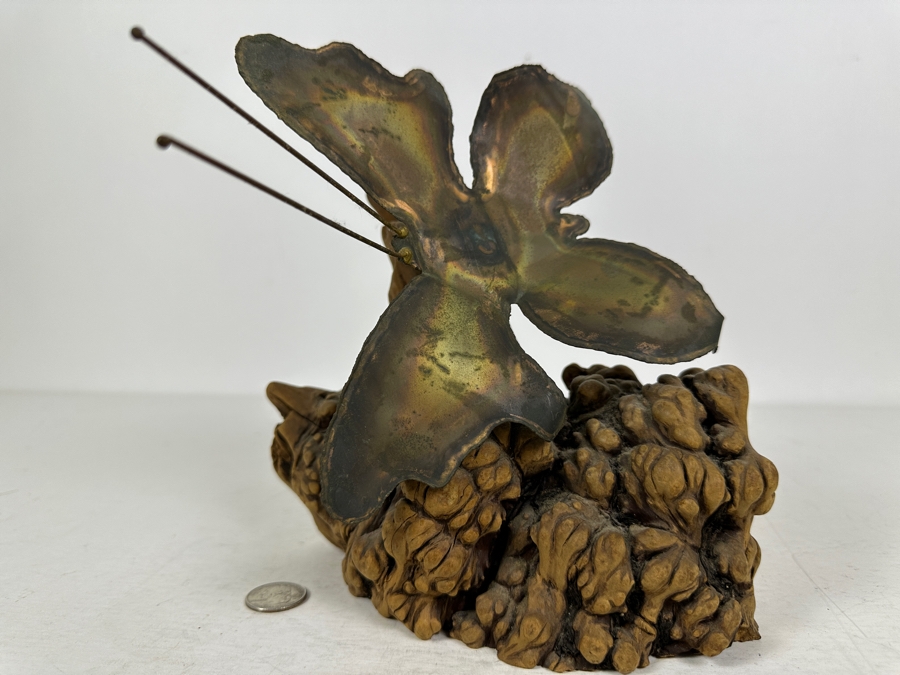 Vintage Signed Butterfly Sculpture On Burlwood Base Signed Stasi 1978 8.5'W X 8.25'H [Photo 2]