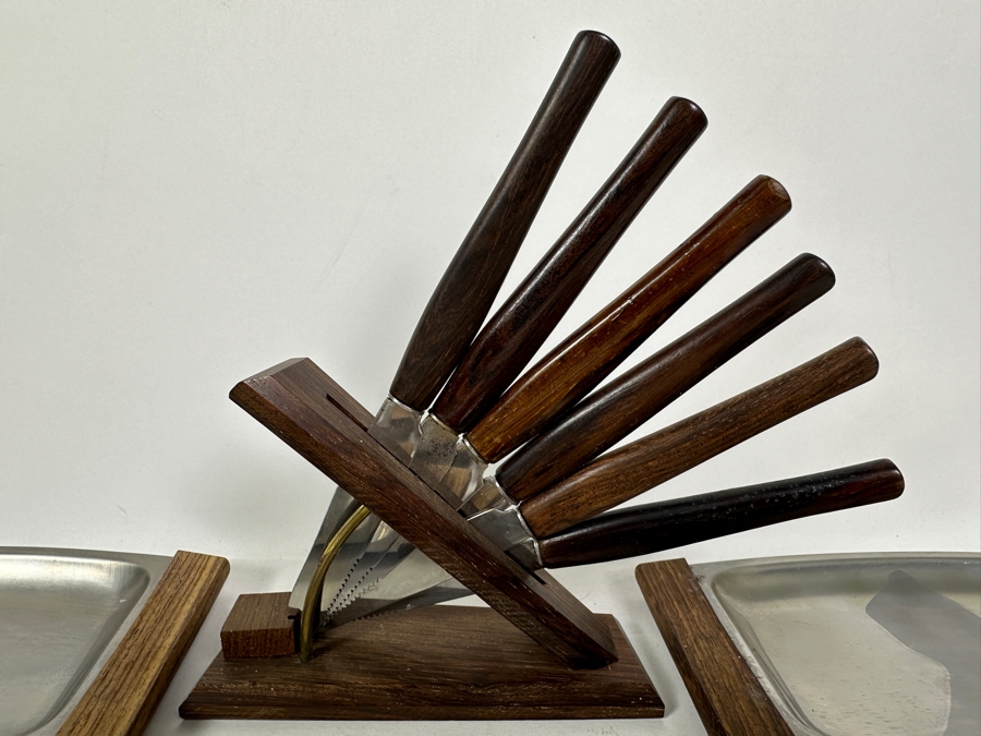 Set Of Six Japanese Stainless Dishes With Wooden Handles 6.75W And Solingen Teak Handle Knife Set With Wooden Holder [Photo 3]