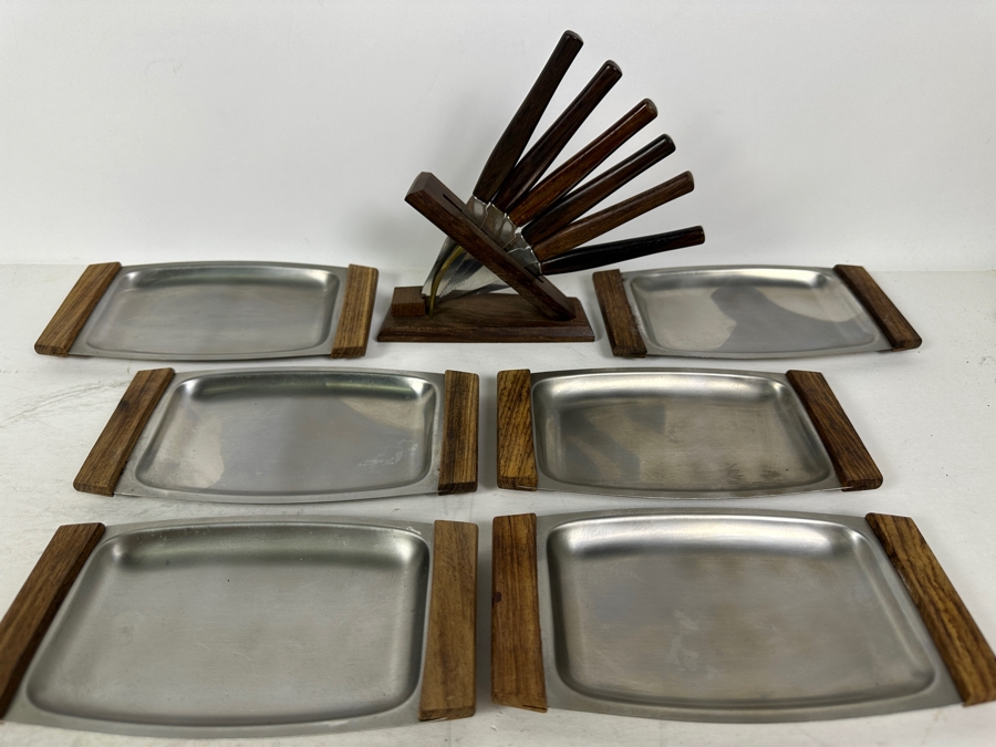Set Of Six Japanese Stainless Dishes With Wooden Handles 6.75W And Solingen Teak Handle Knife Set With Wooden Holder [Photo 2]