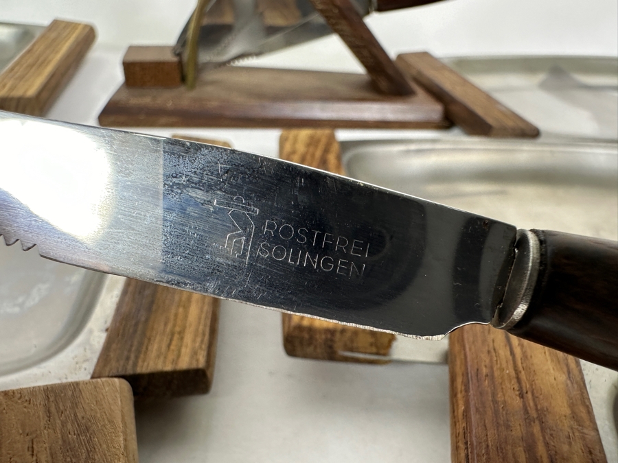 Set Of Six Japanese Stainless Dishes With Wooden Handles 6.75W And Solingen Teak Handle Knife Set With Wooden Holder [Photo 4]