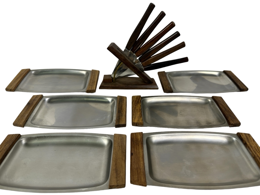 Set Of Six Japanese Stainless Dishes With Wooden Handles 6.75W And Solingen Teak Handle Knife Set With Wooden Holder [Photo 1]
