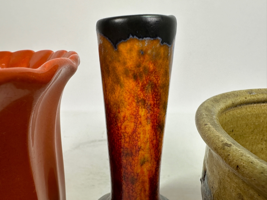 Mid-Century Pottery Lot: Maurice Ceramics Pot, Bud Vase & Glazed Pot With Attached Underplate 7'H [Photo 4]