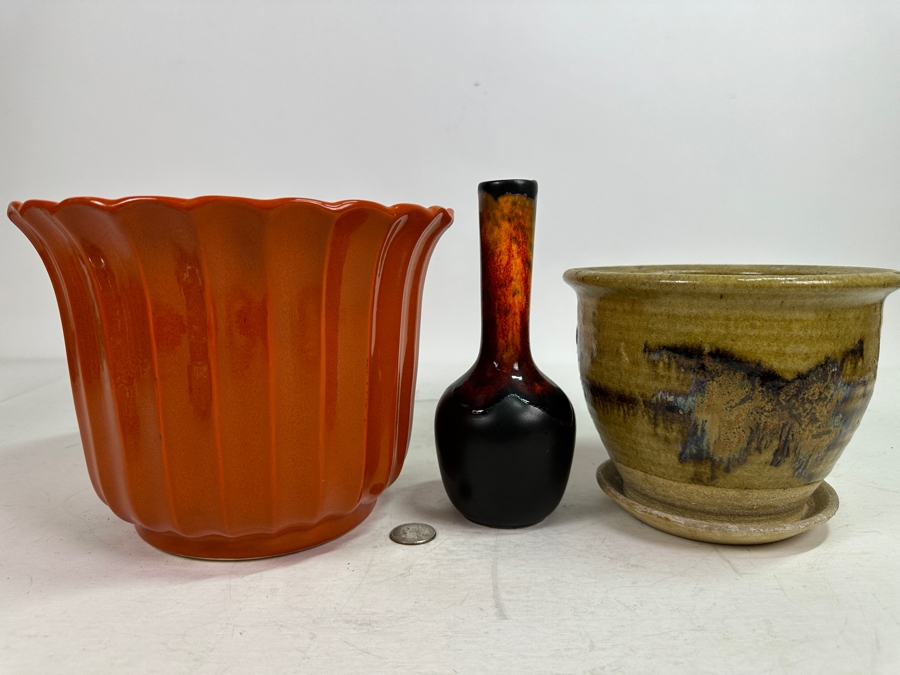Mid-Century Pottery Lot: Maurice Ceramics Pot, Bud Vase & Glazed Pot With Attached Underplate 7'H [Photo 2]