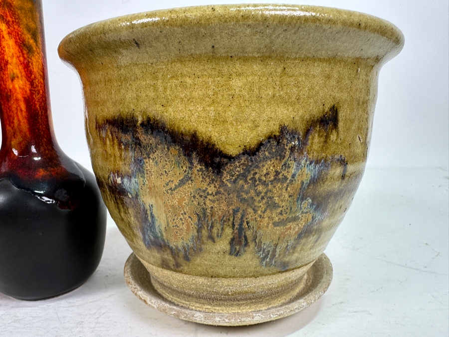 Mid-Century Pottery Lot: Maurice Ceramics Pot, Bud Vase & Glazed Pot With Attached Underplate 7'H [Photo 6]