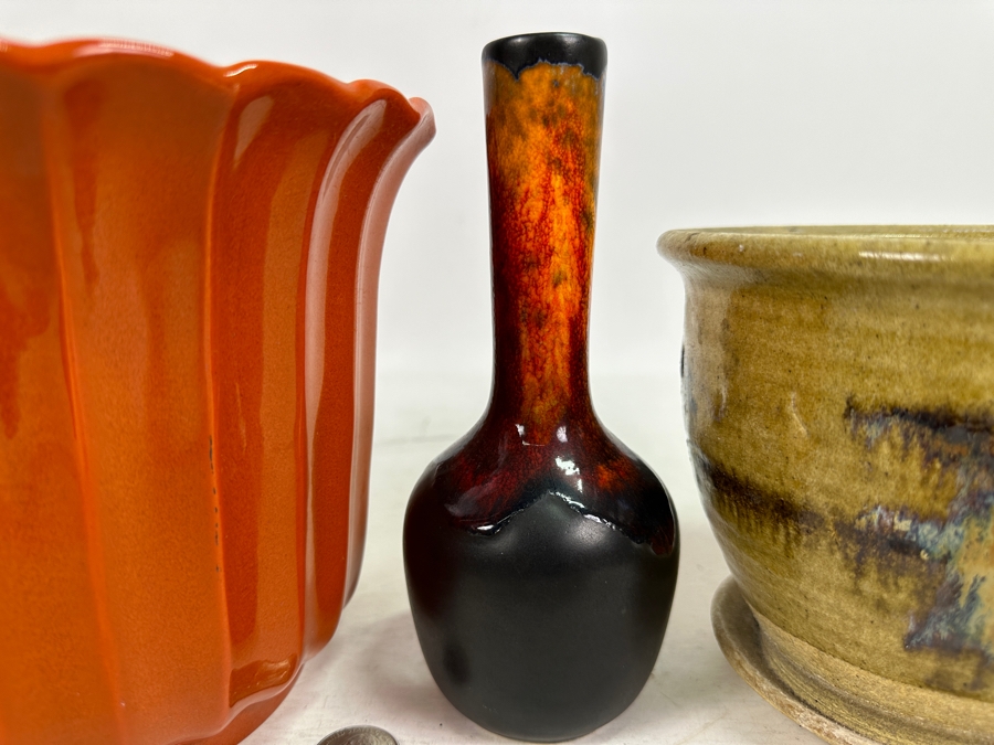 Mid-Century Pottery Lot: Maurice Ceramics Pot, Bud Vase & Glazed Pot With Attached Underplate 7'H [Photo 3]