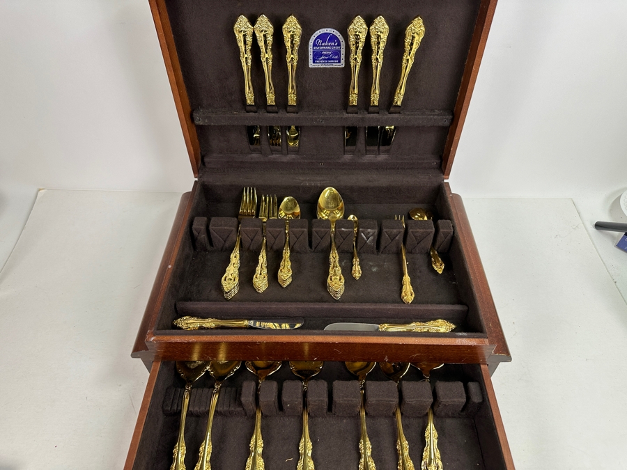 Vintage Gold Plated Royal Gallery Flatware Set With Wooden Case 18W X 12D X 7H Approximate Service For 6 [Photo 2]