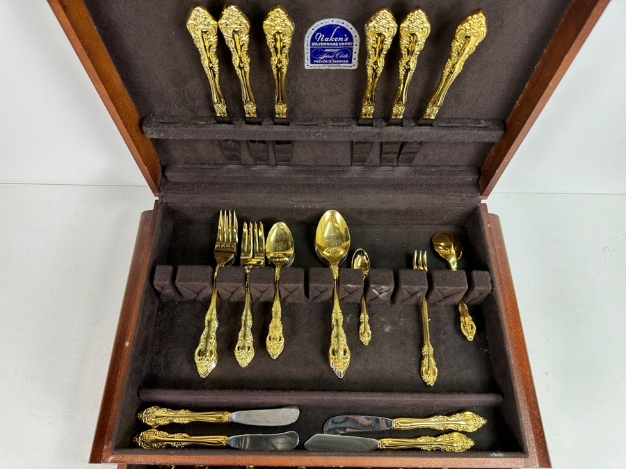 Vintage Gold Plated Royal Gallery Flatware Set With Wooden Case 18W X 12D X 7H Approximate Service For 6 [Photo 3]
