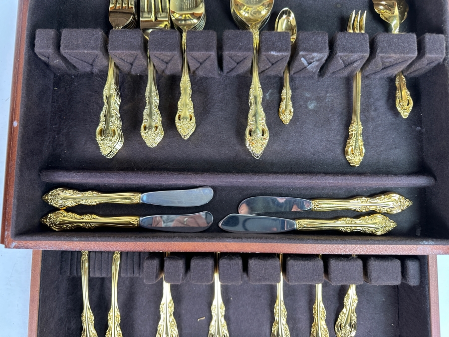 Vintage Gold Plated Royal Gallery Flatware Set With Wooden Case 18W X 12D X 7H Approximate Service For 6 [Photo 5]