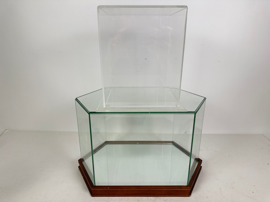 Pair Of Countertop Display Cases: Glass Display Case With Mirror Bottom 14'W & Acrylic Display Case 7.5'W [Photo 2]