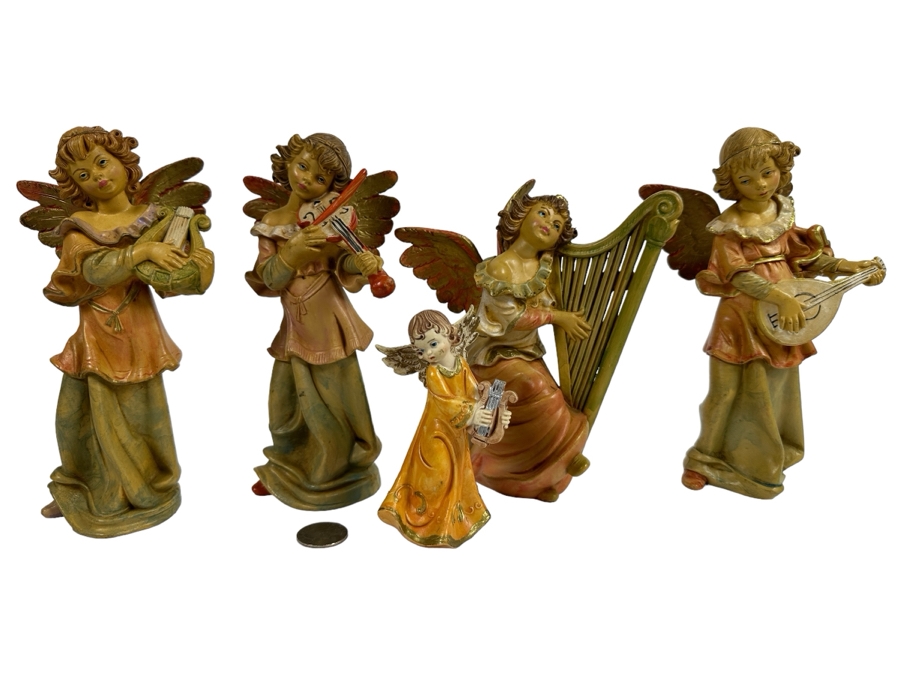 Set Of Five Hand Painted Polychrome Resin Italian Angels Figurines 4.5H To 7.5H [Photo 1]