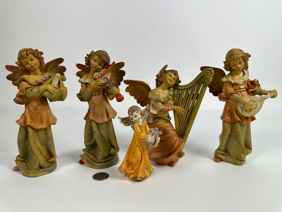 Set Of Five Hand Painted Polychrome Resin Italian Angels Figurines 4.5H To 7.5H [Photo 2]