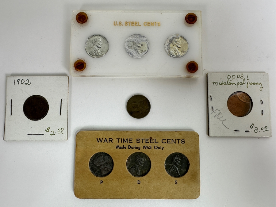 Collection Of Vintage United States Cents Pennies: 1857 Flying Eagle Penny, WWII Steel Cents, Misstamped Penny & 1902 Indian Head Penny [Photo 2]
