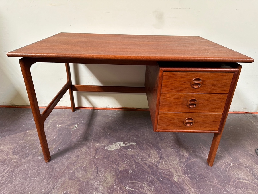 Vintage Mid-Century Danish Modern Teak Desk (Note That The Left Legs Have Hairline Cracks And Needs Repair - See Photos) 45W X 29.5D X 28H [Photo 6]