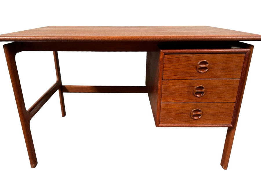 Vintage Mid-Century Danish Modern Teak Desk (Note That The Left Legs Have Hairline Cracks And Needs Repair - See Photos) 45W X 29.5D X 28H [Photo 2]