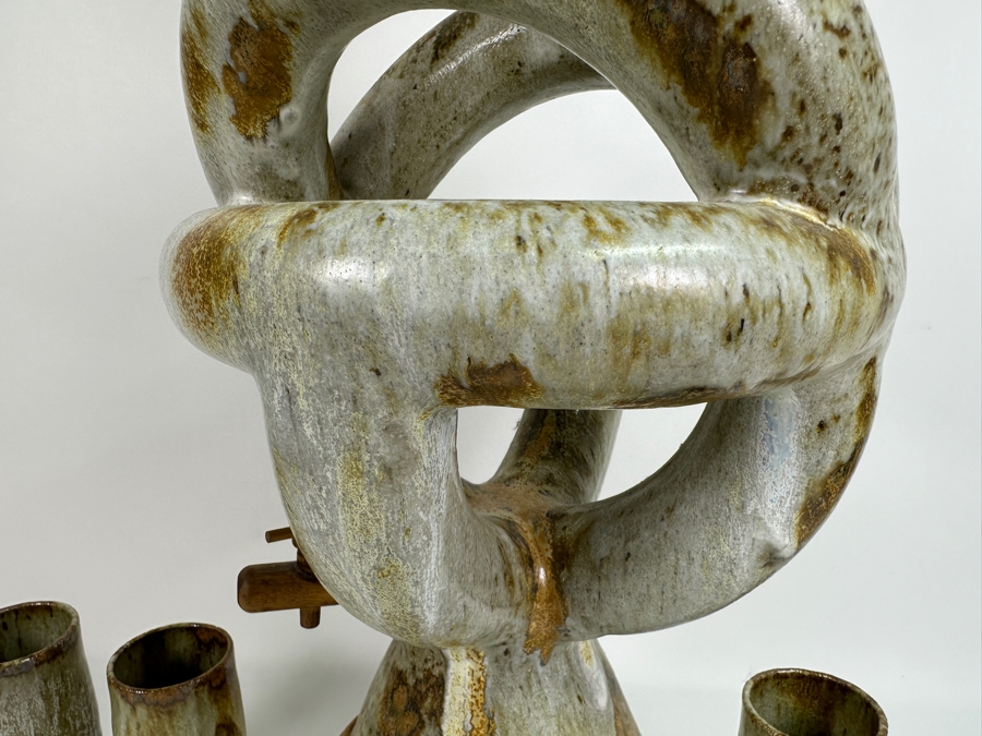 Large Signed Mid-Century Modern Art Pottery Wine Dispenser 28'H X 11'W With Three Matching Stemware Cups 6.5'H [Photo 18]
