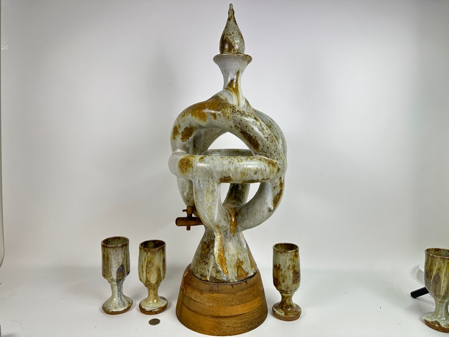 Large Signed Mid-Century Modern Art Pottery Wine Dispenser 28'H X 11'W With Three Matching Stemware Cups 6.5'H [Photo 19]