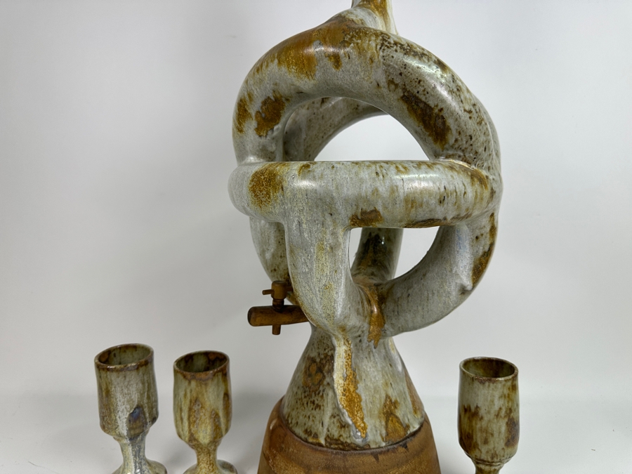 Large Signed Mid-Century Modern Art Pottery Wine Dispenser 28'H X 11'W With Three Matching Stemware Cups 6.5'H [Photo 17]
