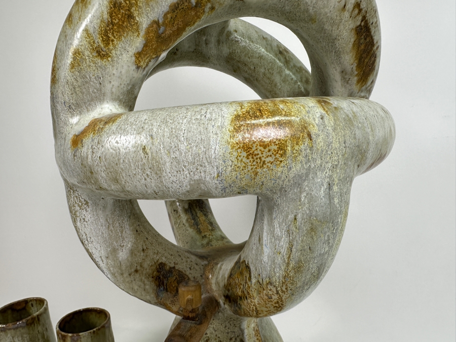 Large Signed Mid-Century Modern Art Pottery Wine Dispenser 28'H X 11'W With Three Matching Stemware Cups 6.5'H [Photo 8]