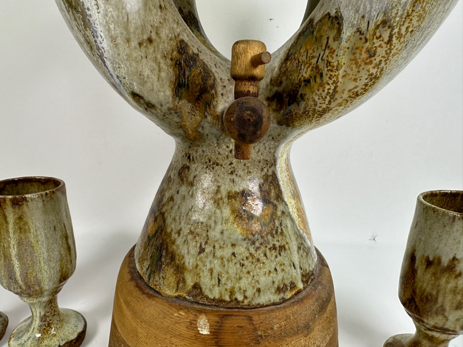 Large Signed Mid-Century Modern Art Pottery Wine Dispenser 28'H X 11'W With Three Matching Stemware Cups 6.5'H [Photo 10]