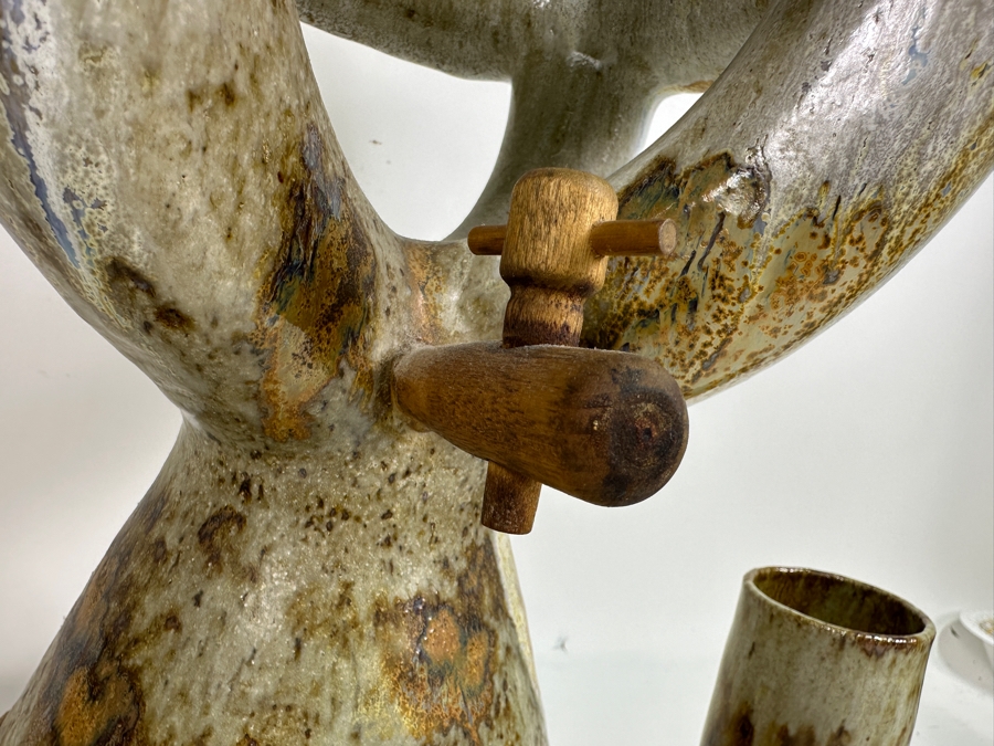 Large Signed Mid-Century Modern Art Pottery Wine Dispenser 28'H X 11'W With Three Matching Stemware Cups 6.5'H [Photo 11]