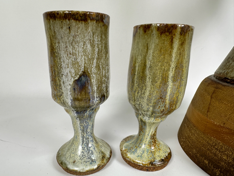 Large Signed Mid-Century Modern Art Pottery Wine Dispenser 28'H X 11'W With Three Matching Stemware Cups 6.5'H [Photo 12]