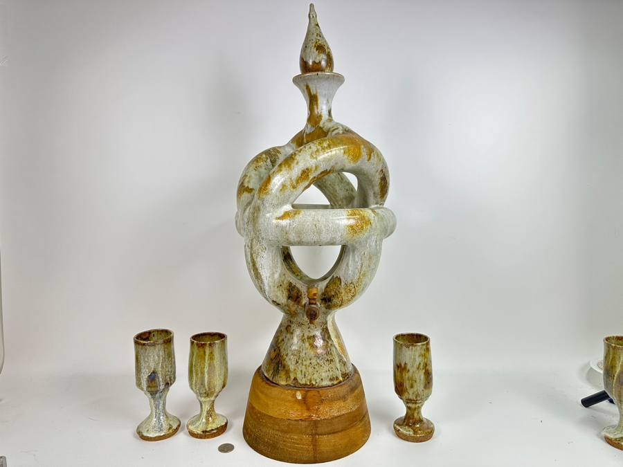 Large Signed Mid-Century Modern Art Pottery Wine Dispenser 28'H X 11'W With Three Matching Stemware Cups 6.5'H [Photo 3]