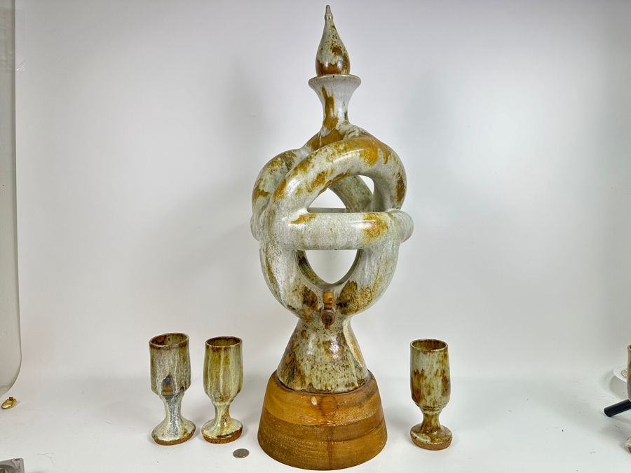 Large Signed Mid-Century Modern Art Pottery Wine Dispenser 28'H X 11'W With Three Matching Stemware Cups 6.5'H [Photo 2]