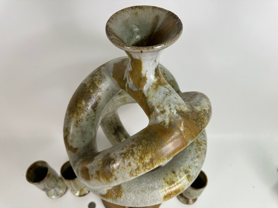 Large Signed Mid-Century Modern Art Pottery Wine Dispenser 28'H X 11'W With Three Matching Stemware Cups 6.5'H [Photo 6]