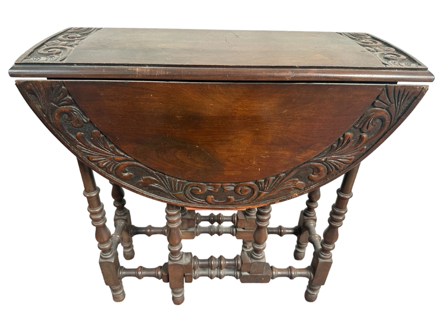 Vintage Carved Wooden Drop Leaf Table 33W X 27D X 28H [Photo 1]