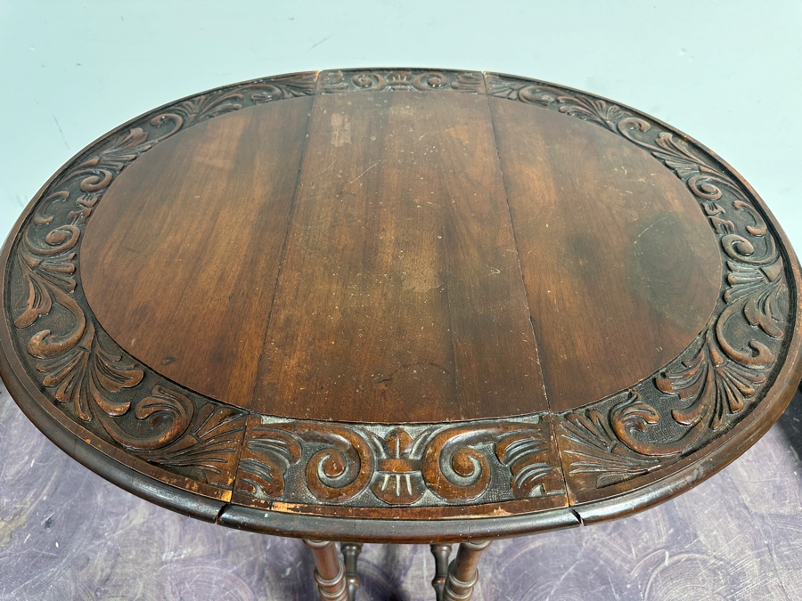 Vintage Carved Wooden Drop Leaf Table 33W X 27D X 28H [Photo 4]