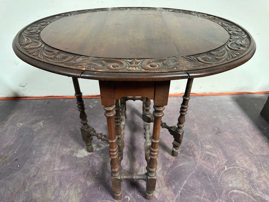 Vintage Carved Wooden Drop Leaf Table 33W X 27D X 28H [Photo 3]