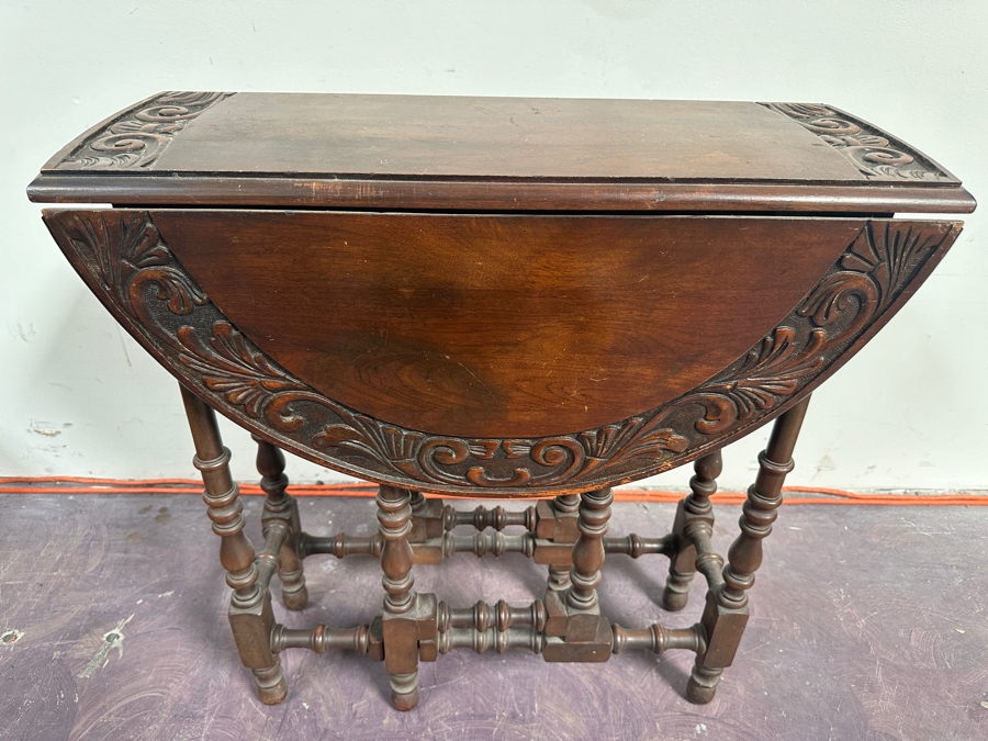 Vintage Carved Wooden Drop Leaf Table 33W X 27D X 28H [Photo 2]