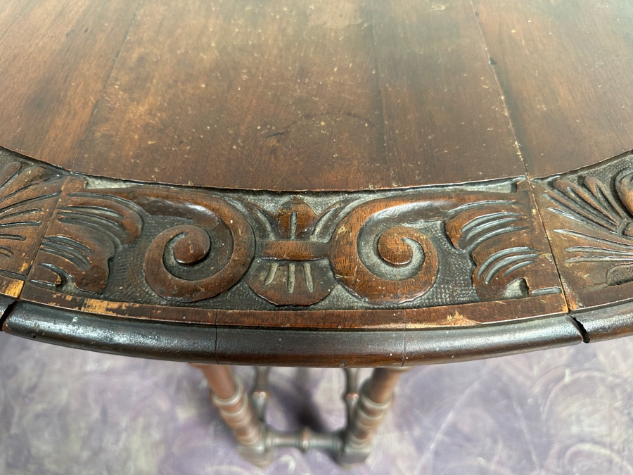 Vintage Carved Wooden Drop Leaf Table 33W X 27D X 28H [Photo 5]