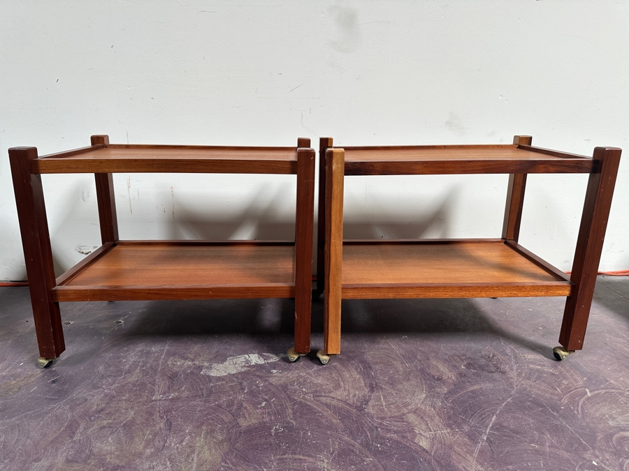 Pair Of Teak Two-Tier Side Tables On Casters 24W X 16D X 20H [Photo 2]
