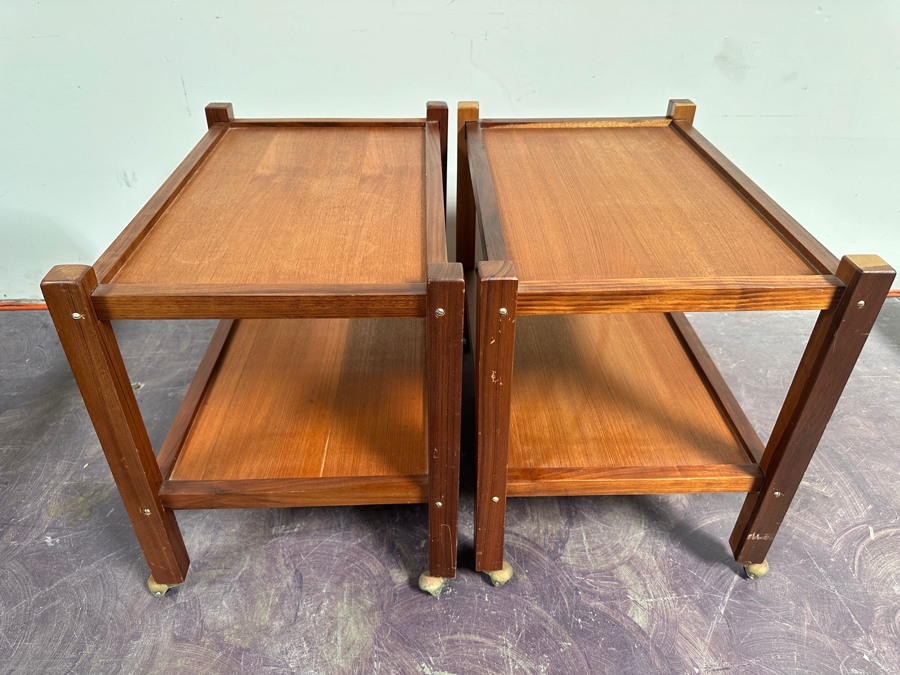 Pair Of Teak Two-Tier Side Tables On Casters 24W X 16D X 20H [Photo 3]