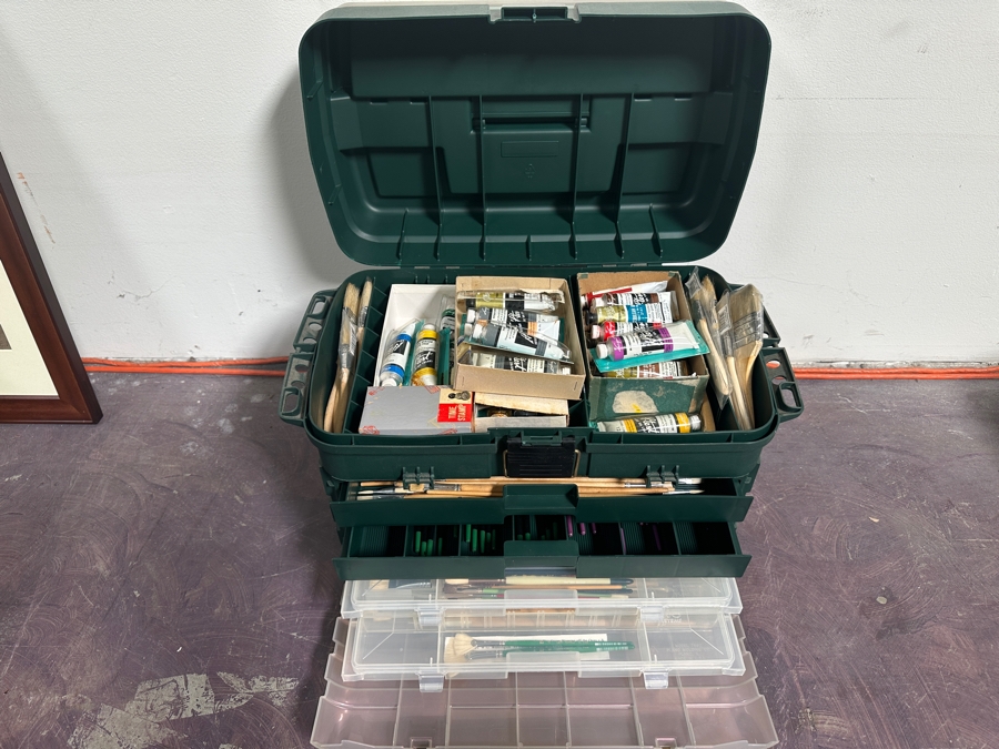 Plano Plastic Guide Elite Fishing Tackle Box Filled With Art Supplies Including Paint Brushes - See Photos [Photo 5]