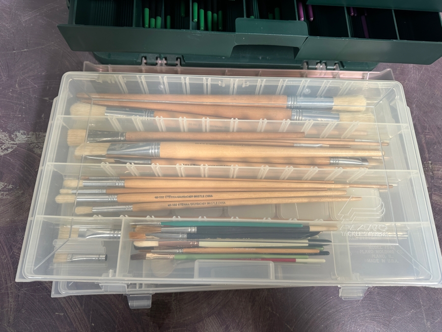 Plano Plastic Guide Elite Fishing Tackle Box Filled With Art Supplies Including Paint Brushes - See Photos [Photo 10]