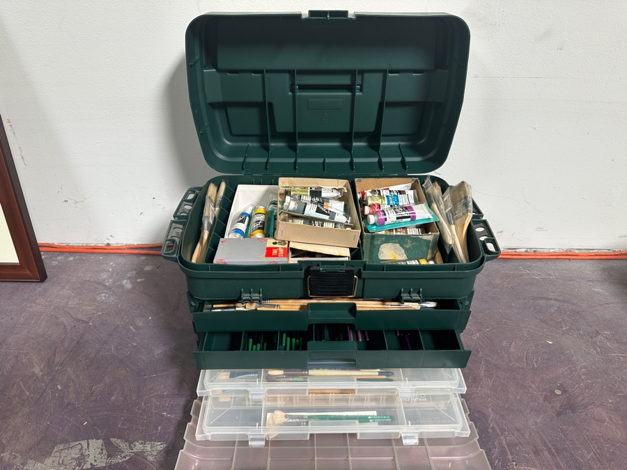 Plano Plastic Guide Elite Fishing Tackle Box Filled With Art Supplies Including Paint Brushes - See Photos [Photo 6]