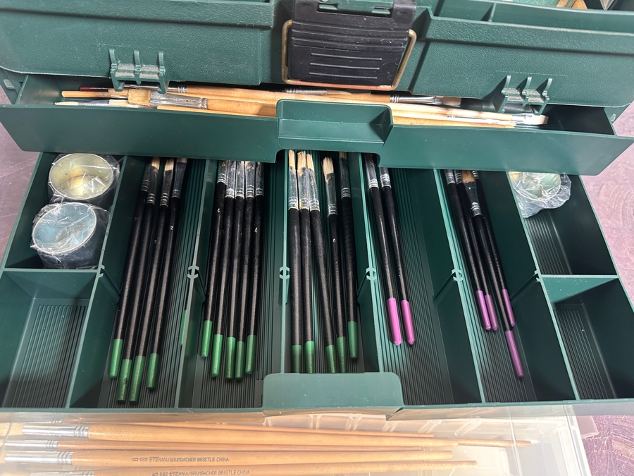 Plano Plastic Guide Elite Fishing Tackle Box Filled With Art Supplies Including Paint Brushes - See Photos [Photo 12]
