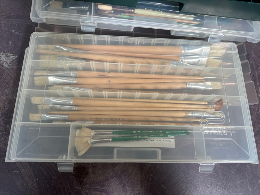 Plano Plastic Guide Elite Fishing Tackle Box Filled With Art Supplies Including Paint Brushes - See Photos [Photo 9]