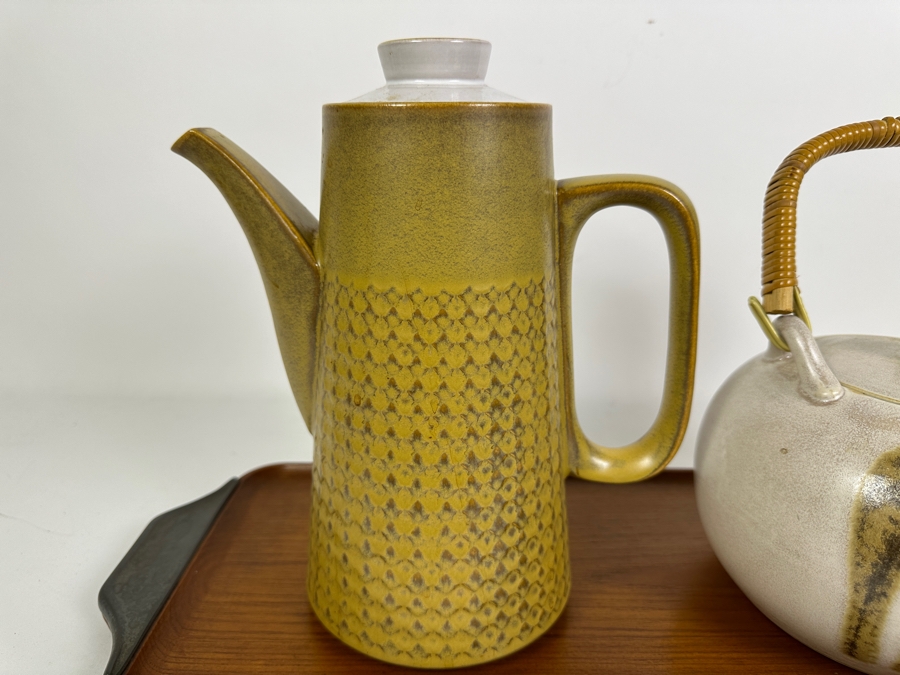 Just Added - Mid century Modern Japanese Koyo by Kasuga Stone Ware Coffee Pot and Glazed Ceramic Tea Pot on Karl Holmberg Teak Tray [Photo 3]