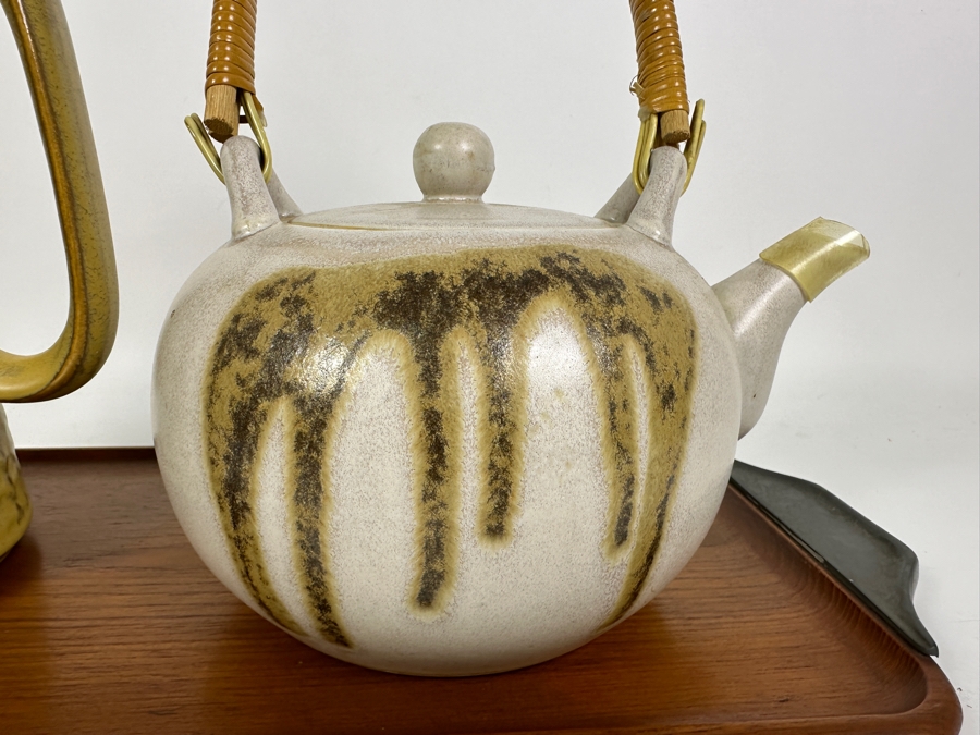 Just Added - Mid century Modern Japanese Koyo by Kasuga Stone Ware Coffee Pot and Glazed Ceramic Tea Pot on Karl Holmberg Teak Tray [Photo 4]