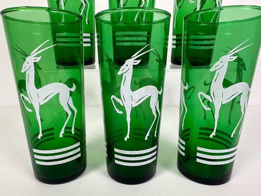 Just Added - (6) Vintage Mid-Century Modern Anchor Hocking Forest Green Gazelle Glasses 6.5H [Photo 2]