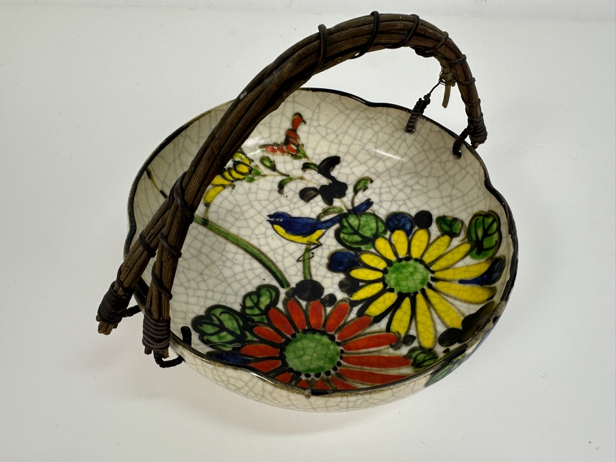 Just Added - Vintage Signed Japanese Hand Painted Bowl 7.25W With Rattan Handle [Photo 3]