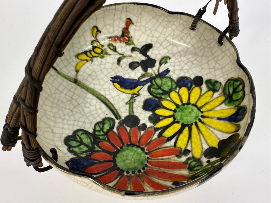 Just Added - Vintage Signed Japanese Hand Painted Bowl 7.25W With Rattan Handle [Photo 4]